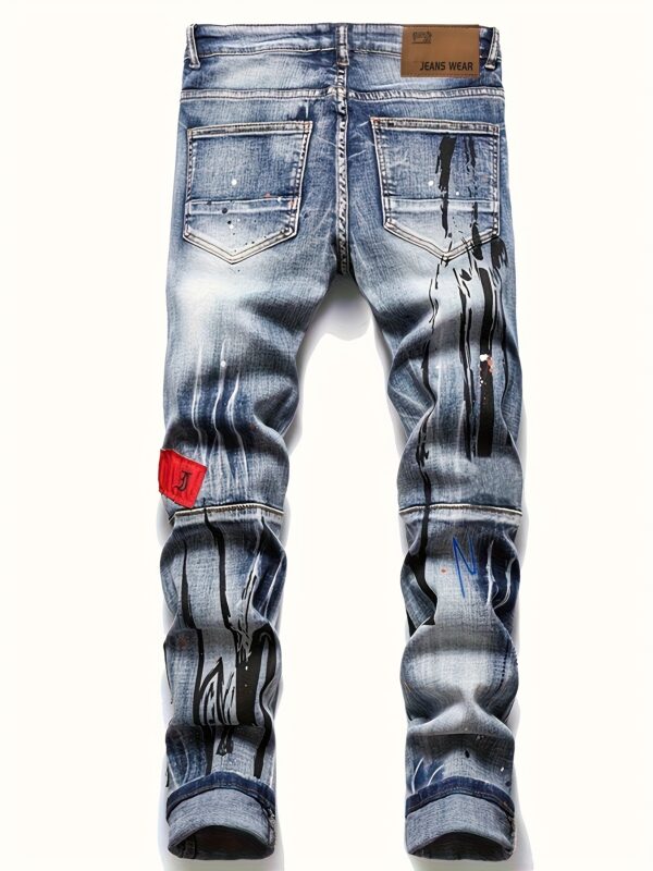 product-fancy-f28e5076-e744-47c6-adb0-6737b46490a4 Men's Splash Print Skinny Washed Jeans, Trendy Streetwear, Straight Leg Denim Pants For Spring Autumn