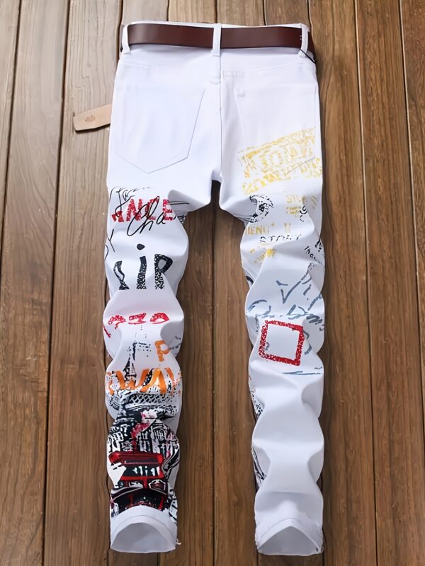 Men'S Black Graffiti Print Punk Hip-Hop Jeans - Skinny Fit, Medium Stretch, All-Season Casual Streetwear with Red & White Graphic Design, No Belt, Perfect for Casual Attire, Punk Rocker Jeans