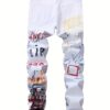 Men'S Black Graffiti Print Punk Hip-Hop Jeans - Skinny Fit, Medium Stretch, All-Season Casual Streetwear with Red & White Graphic Design, No Belt, Perfect for Casual Attire, Punk Rocker Jeans