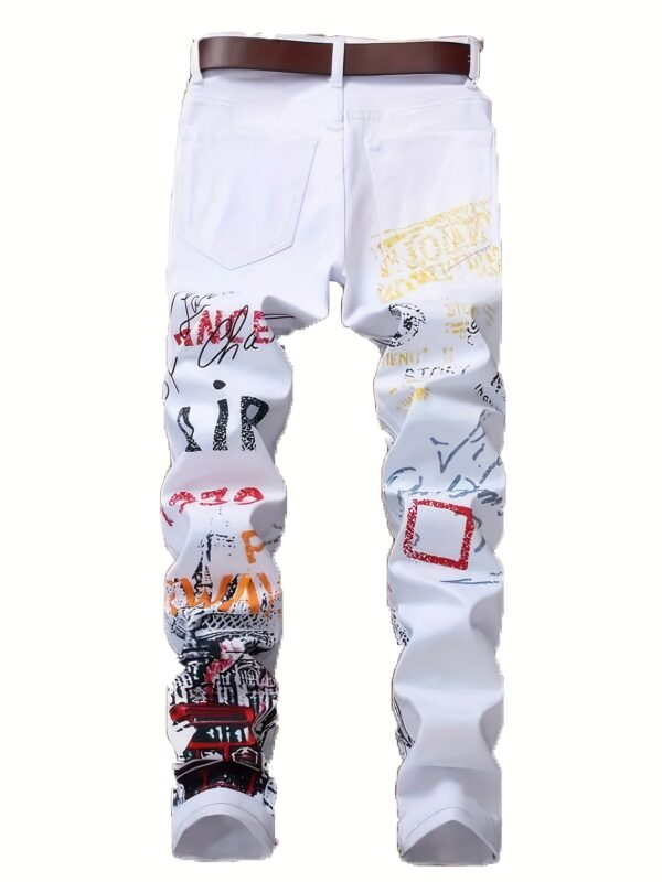 Men'S Black Graffiti Print Punk Hip-Hop Jeans - Skinny Fit, Medium Stretch, All-Season Casual Streetwear with Red & White Graphic Design, No Belt, Perfect for Casual Attire, Punk Rocker Jeans