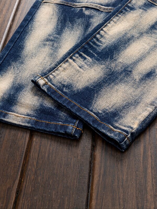 Men's Slim-Fit Vintage Motorcycle Jeans - Straight-Leg Heavy-Duty Blue/Beige Tie-Dye Pants, All-Season Machine Washable Streetwear for Casual & Formal Outfits, Everyday Fashion, Distressed Denim Design, Reinforced Stitching