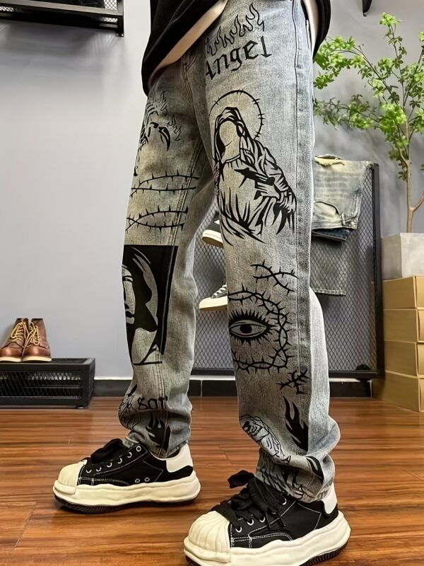 product-fancy-f80bc822-f404-47f2-838e-4a7c16e9717b Retro Blue American Streetwear Graffiti Print Loose Straight-Leg Jeans