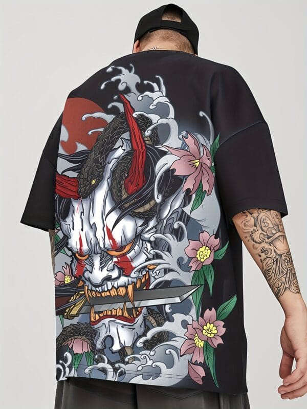 Men's SANSYAS Dragon & Floral Print T-Shirt - Black Casual Streetwear Tee with Bold Graphic Design, Loose Fit Short Sleeve for Parties & Casual Attire, Dragon T Shirt