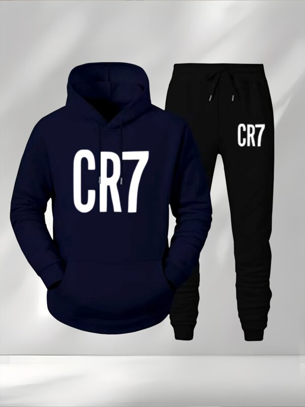 Men'S CR7 Soccer Jersey - Black Hooded Sweatshirt & Joggers Set, Quick-Dry Polyester, Loose Fit, Geometric Pattern, Ideal for Fall/Winter Sports & Casual Wear, Soccer Jersey|Casual Sportswear|Stretchy Fabric