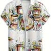 product-fancy-fc85b5c6-339d-40b9-a510-7614f265234d Men's short-sleeve shirt with a 3D printed colorful drum set music element graffiti pattern, featuring simple lines that add softness and artistic flair, combining elegance and fashionability, suitable for casual or light business occasions