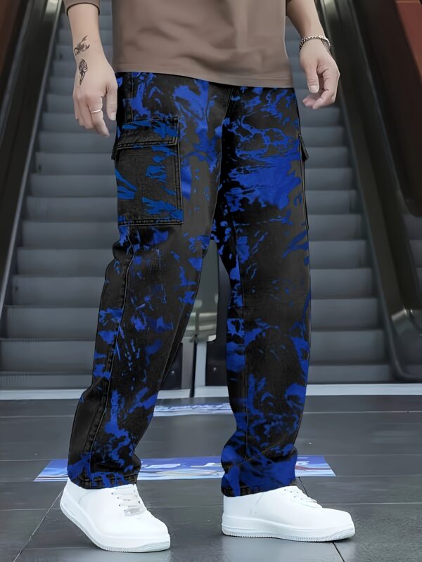 Men's All-Season Stretch Jeans - Industrial Workwear Pants with Multiple Utility Pockets, Stretch Denim for Everyday & Formal Outfits - Machine Washable Regular Fit (Black with Blue accents) - Urban Streetwear Essentials