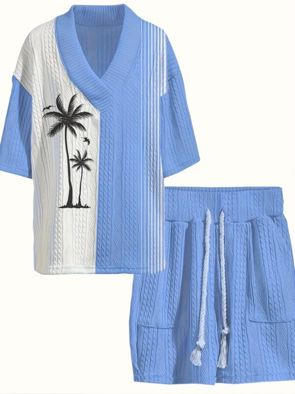 Casual jacquard Men's set: Summer loose short-sleeved knitted top and shorts