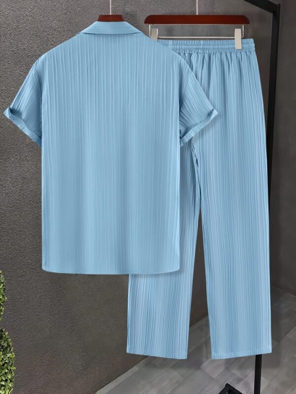 product-fancy-ff125180-145d-47d4-ab66-1c24e0601e7d Men's Striped Casual Short-Sleeve Shirt + Drawstring Elastic Waist Pants Two-Piece Set for Holiday Outings