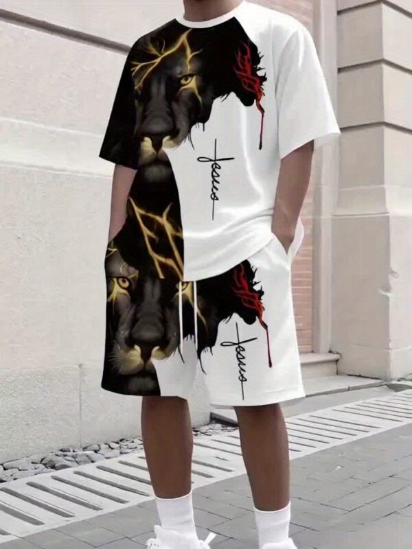 Lightweight, Men's Athletic T-Shirt and Shorts Set - Polyester, Sporty Style, Round Neck, Regular Fit, Machine Washable, Digital Print with Lion and Cross Motif, Ideal for Sports and Casual Wear