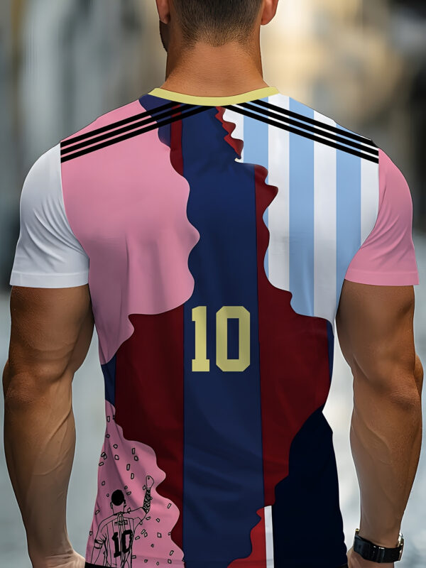 3D Men'S Soccer Jersey- Pink, Blue and White Striped Design with Number 10, Casual Crew Neck for Casual Outfits, Soccer Jerseys, Durable Fabric, Plus Size