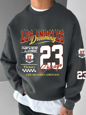 Men'S Los Angeles 23 Basketball Graphic Sweatshirt - "Never Lose" & "Life Becomes Limitless" Motivational Print, Black with Red & White Design, Soft Polyester, Perfect for Casual Wear & Outdoor Sports, Basketball Shirt