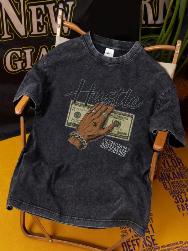 PRIVATHINKER Men's Heavyweight 230GSM Pure Cotton T-Shirt - "Make Money Not Friends" Hustle Graphic Tee, Dark Gray Vintage Washed Streetwear Shirt for Young Adults - Drop Shoulder Summer Top with Money Motif, Relaxed Fit Clothing, Casual Outings Apparel, Digital Print Quality, Urban Style, Retro Design, Breathable Material, Round Neck Tee, Fashion Enthusiasts