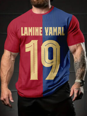 Men's Football Star Name & Number 19 Jersey T-Shirt - 100% Polyester Bold Block Print Soccer Fan Apparel, Breathable Crew Neck Short Sleeve Casual Sports Top for Summer Training & Casual Wear (Lamine Yamal Design) - Machine Washable Fashion Tee