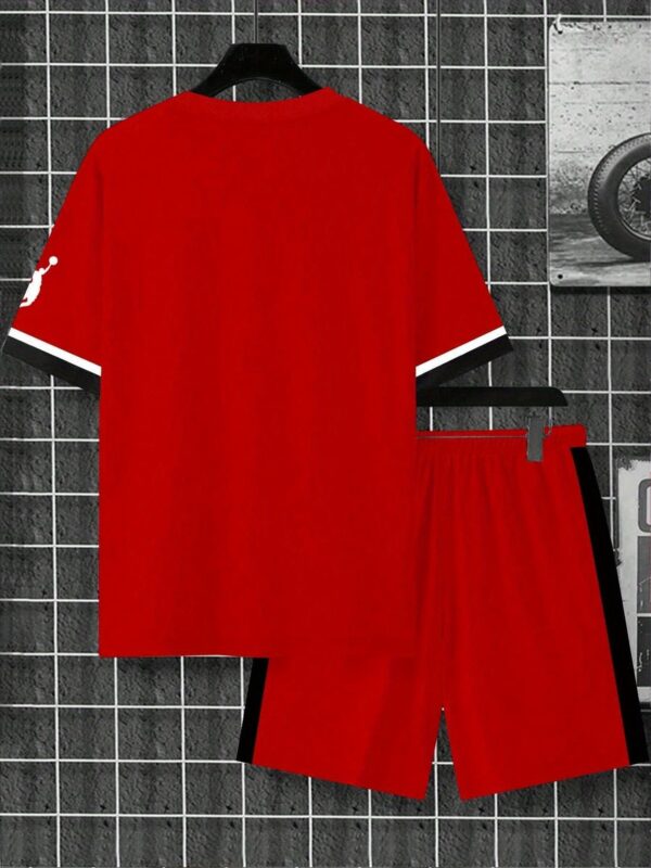 Men'S Plus Size 2pcs Set - Red & Black New York 32 Jersey T-Shirt and Shorts, Summer Casual Wear, Round Neck, Knit Fabric, Slight Stretch, Regular Fit, Casual Attire | Sporty Look | Slight Stretch Materia