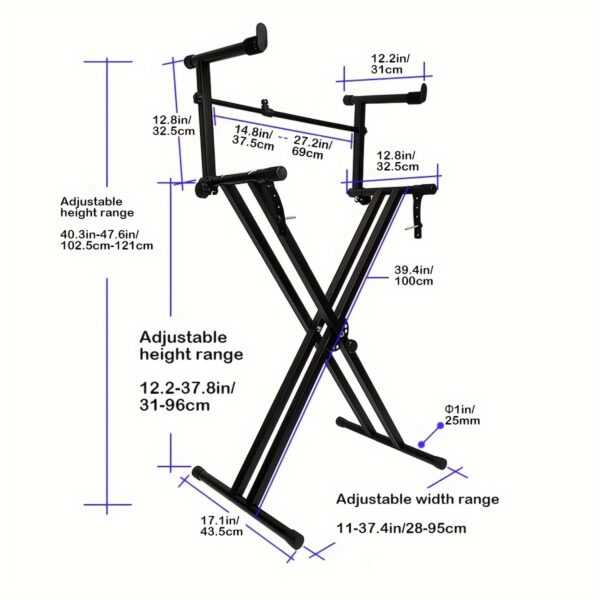 Pro Series Portable 2-Tier Double Keyboard Stand with Locking Straps, Adjustable Height & Angle, Sturdy X-Frame Design - Heavy-Duty Black Iron Construction for Stage, Studio, Home Use - Secure Keyboard Holder & Durable Music Equipment Setup, Studio Furniture, Locking Mechanism