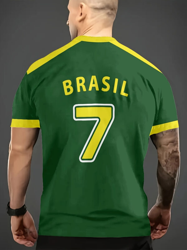 Men'S Brazil Soccer Jersey T-Shirt - Yellow with Green Trim, Breathable Polyester, Round Neck, Casual Streetwear for Summer, Ideal for Hiking, Running & Weekend Outings, PLUS SIZE, Knit
