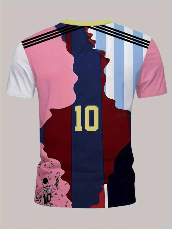 3D Men'S Soccer Jersey- Pink, Blue and White Striped Design with Number 10, Casual Crew Neck for Casual Outfits, Soccer Jerseys, Durable Fabric, Plus Size