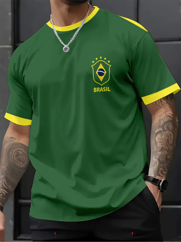 Men'S Brazil Soccer Jersey T-Shirt - Yellow with Green Trim, Breathable Polyester Fabric, Regular Fit, Ideal for Outdoor Activities & Casual Wear, Casual Wear Shirt | Sporty Design | Knit Construction, PLUS SIZE