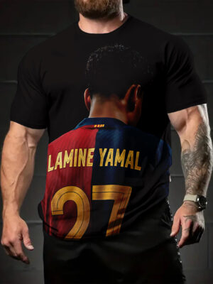 Men'S Lamine Yamal Number 27 Soccer Jersey T-Shirt - 100% Polyester Wrinkle-Resistant Loose Fit Breathable Summer Tee with Vibrant Print, Round Neck Casual & Athletic Wear, Sports Fan Apparel, Sporty Design, Wrinkleresistant Fabric