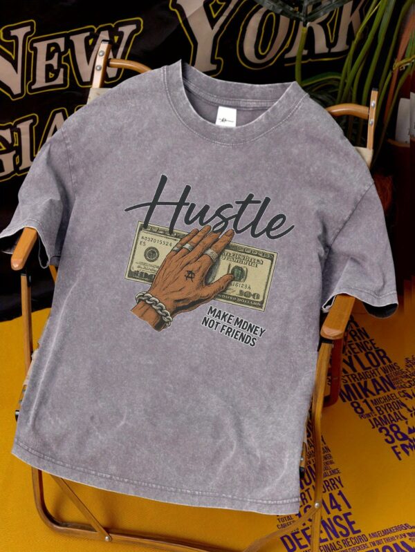 PRIVATHINKER Men's Heavyweight 230GSM Pure Cotton T-Shirt - "Make Money Not Friends" Hustle Graphic Tee, Dark Gray Vintage Washed Streetwear Shirt for Young Adults - Drop Shoulder Summer Top with Money Motif, Relaxed Fit Clothing, Casual Outings Apparel, Digital Print Quality, Urban Style, Retro Design, Breathable Material, Round Neck Tee, Fashion Enthusiasts