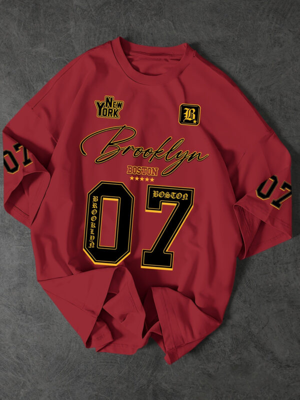 Men'S Brooklyn 07 Graphic Print T-Shirt - Streetwear Style Loose Fit Short Sleeve Round Neck Tee with Bold Letter & Number Design, Machine Washable Summer Casual Top for Daily Comfort & Durable Wear, Street Style Apparel, Comfortable Fit Shirt