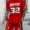 Men'S Plus Size 2pcs Set - Red & Black New York 32 Jersey T-Shirt and Shorts, Summer Casual Wear, Round Neck, Knit Fabric, Slight Stretch, Regular Fit, Casual Attire | Sporty Look | Slight Stretch Materia
