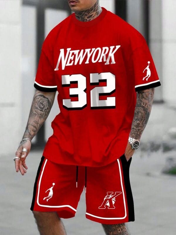 Men'S Plus Size 2pcs Set - Red & Black New York 32 Jersey T-Shirt and Shorts, Summer Casual Wear, Round Neck, Knit Fabric, Slight Stretch, Regular Fit, Casual Attire | Sporty Look | Slight Stretch Materia