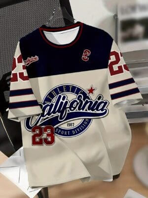 product-open-86a9e203bd7d488d9ddf49eb99f90314-goods Men's Vintage California Graphic T-Shirt - Retro Sports Tee with Number 22 Design, Breathable Round Neck Shirt for Gym, Casual Outfits & Everyday Summer Wear - Machine Washable Athletic Top, Sporty Design, Comfortable Fit