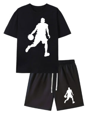 Men'S Basketball Silhouette Print Short Sleeve T-Shirt & Drawstring Shorts Set - Casual Athletic Outfit, Perfect for Spring/Summer, Crew Neck, Stretch Fabric, Basketball Accessorie