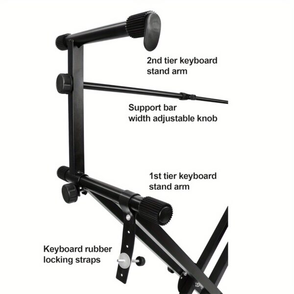 Pro Series Portable 2-Tier Double Keyboard Stand with Locking Straps, Adjustable Height & Angle, Sturdy X-Frame Design - Heavy-Duty Black Iron Construction for Stage, Studio, Home Use - Secure Keyboard Holder & Durable Music Equipment Setup, Studio Furniture, Locking Mechanism