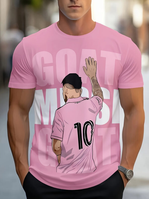 Men's Lionel Messi Soccer Jersey Replica T-Shirt - Pastel Pink, Lightweight Breathable Fabric with Messi Action Print, Machine Washable Barcelona Style Shirt for Soccer Fans, Games, Training - Plus Size Available, Soccer Tshirt, Fan Merchandise, Fan Tribute Design, Durable Print, Fan Apparel, Sports Enthusiasts, Game Day Outfit, Trendy Casual Wear, Highquality Print, Football Fanwear, Casual Wearers, PLUS SIZE