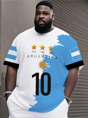 Men's Heavyweight Argentina National Team Soccer Jersey T-Shirt - Official Sun Emblem & Number 10 Design, White & Blue Contrast, Regular Fit Short Sleeve, Machine Washable, Plus Size Available for Fans & Supporters, Game Day Outfit, Casual Sports Wear, Patriotic Design, Classic Round Neck, Highquality Print, Durable Fabric, Supporter Shirt, Football Enthusiasts, Sports Collectors, PLUS SIZE