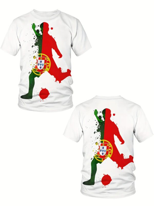 Men's Portugal Football Team Jersey T-Shirt - Cristiano Ronaldo CR7 Inspired Design, Breathable Polyester Knit Fabric, Plus Size Available, Green & Red Soccer Fan Apparel for Sports & Casual Wear, Durable 3D Print Cristiano Ronaldo Action Figure & Portugal Crest, Machine Washable, Regular Fit Short Sleeve, Style Football Fan Outfit, Game Day Shirt, Graffiti Print Design, PLUS SIZE