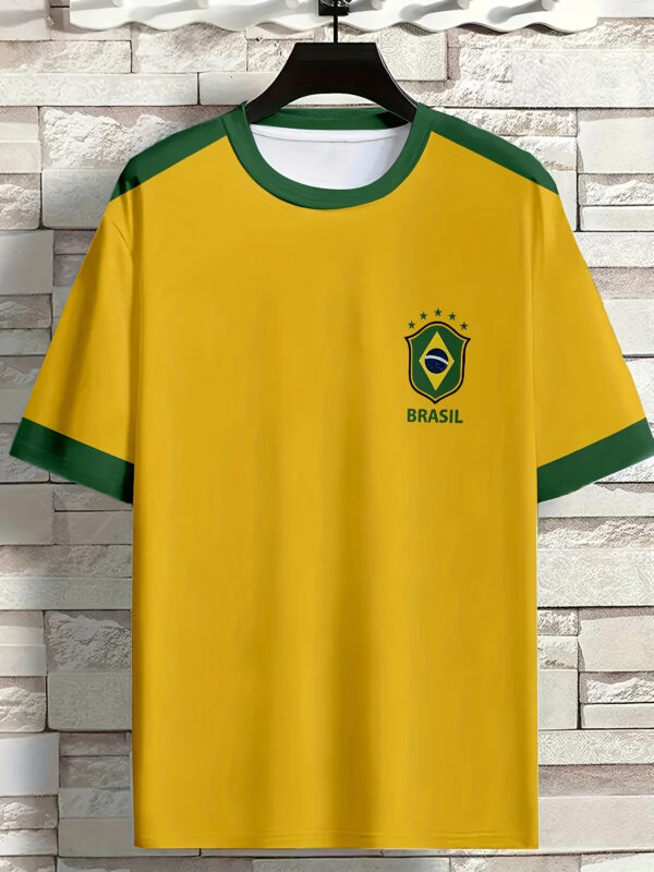 Men'S Brazil Soccer Jersey T-Shirt - Yellow with Green Trim, Breathable Polyester Fabric, Regular Fit, Ideal for Outdoor Activities & Casual Wear, Casual Wear Shirt | Sporty Design | Knit Construction, PLUS SIZE