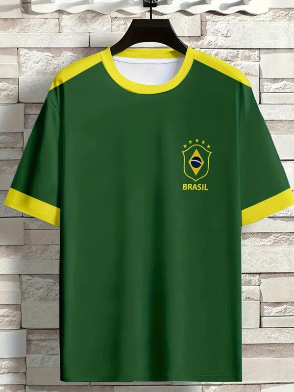 Men'S Brazil Soccer Jersey T-Shirt - Yellow with Green Trim, Breathable Polyester Fabric, Regular Fit, Ideal for Outdoor Activities & Casual Wear, Casual Wear Shirt | Sporty Design | Knit Construction, PLUS SIZE