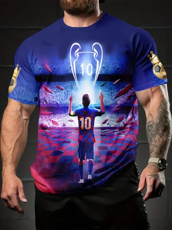 product-open-c9b30ed09f134d31985e30c1b7f56856-goods Men'S 3D Digital Print Soccer Jersey T-Shirt - Vibrant Blue & Red Checkered Design, Golden Trophy & "25.4cm Graphic, Comfortable Round Neck Short Sleeve for Casual & Sporty Wear, Perfect Gift for Sports Fans, Soccer Shirts, Fan Merchandise, Durable Fabric