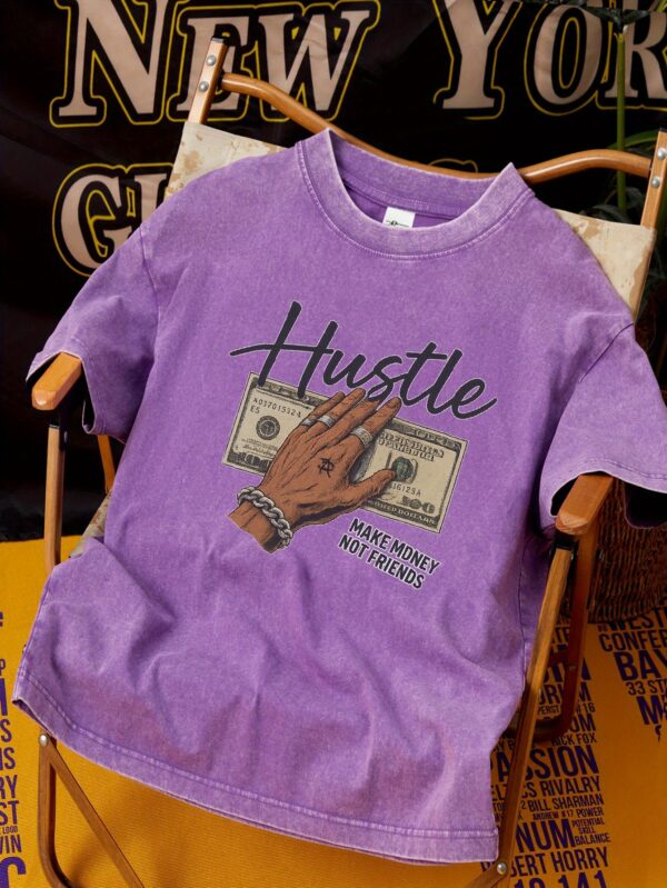 PRIVATHINKER Men's Heavyweight 230GSM Pure Cotton T-Shirt - "Make Money Not Friends" Hustle Graphic Tee, Dark Gray Vintage Washed Streetwear Shirt for Young Adults - Drop Shoulder Summer Top with Money Motif, Relaxed Fit Clothing, Casual Outings Apparel, Digital Print Quality, Urban Style, Retro Design, Breathable Material, Round Neck Tee, Fashion Enthusiasts