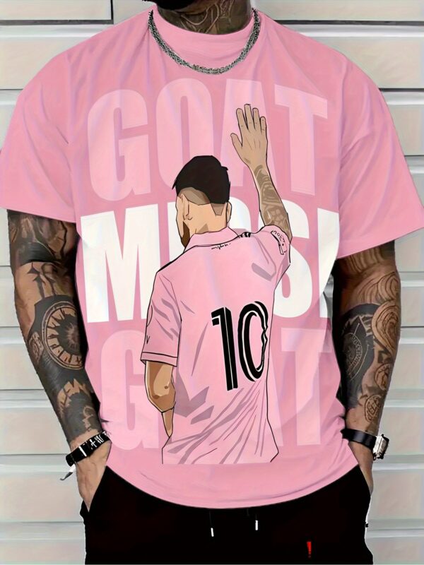 Men's Lionel Messi Soccer Jersey Replica T-Shirt - Pastel Pink, Lightweight Breathable Fabric with Messi Action Print, Machine Washable Barcelona Style Shirt for Soccer Fans, Games, Training - Plus Size Available, Soccer Tshirt, Fan Merchandise, Fan Tribute Design, Durable Print, Fan Apparel, Sports Enthusiasts, Game Day Outfit, Trendy Casual Wear, Highquality Print, Football Fanwear, Casual Wearers, PLUS SIZE