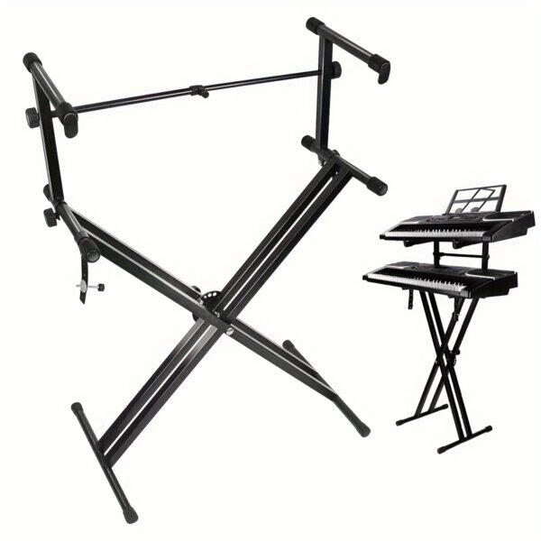 Pro Series Portable 2-Tier Double Keyboard Stand with Locking Straps, Adjustable Height & Angle, Sturdy X-Frame Design - Heavy-Duty Black Iron Construction for Stage, Studio, Home Use - Secure Keyboard Holder & Durable Music Equipment Setup, Studio Furniture, Locking Mechanism