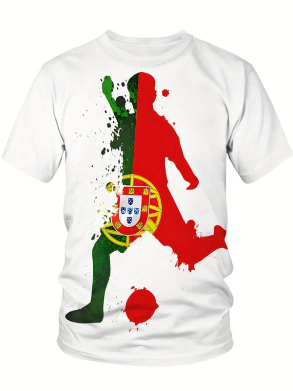 Men's Portugal Football Team Jersey T-Shirt - Cristiano Ronaldo CR7 Inspired Design, Breathable Polyester Knit Fabric, Plus Size Available, Green & Red Soccer Fan Apparel for Sports & Casual Wear, Durable 3D Print Cristiano Ronaldo Action Figure & Portugal Crest, Machine Washable, Regular Fit Short Sleeve, Style Football Fan Outfit, Game Day Shirt, Graffiti Print Design, PLUS SIZE