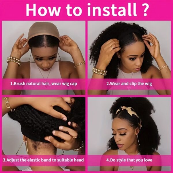 Afro Kinky Curly Human Hair Headband Wig for - 150% Density Brazilian Remy Hair, 100% Machine-Made Rose Net Cap, Natural Look & Versatile Styling for All Ethnicities, Hair Wig