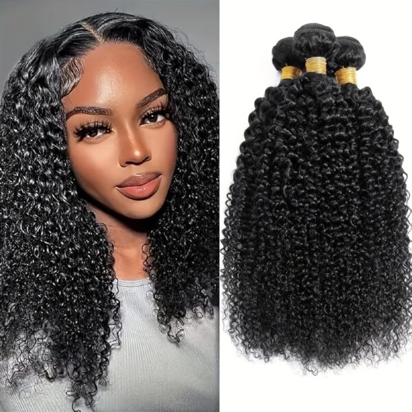 3 Bundles Natural Black/ Dark Brown Kinky Curly Human Hair - Voluminous Waves & Defined Curls, Heavy Duty Wefts for Women's Hair Extensions, Virgin/Non-Virgin Hair, Suitable for All Beige Tones (Natural Brown/Blonde/Red Highlights), Easy to Style with Hea