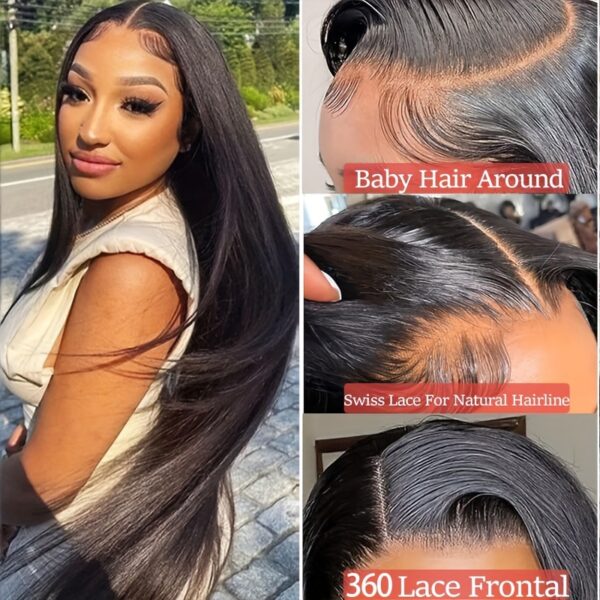 360 Lace Front Wig - 180% Density Straight Human Hair, Pre-Plucked & Bleached Knots, Glueless Design for Women, Elegant Style for Casual Attire