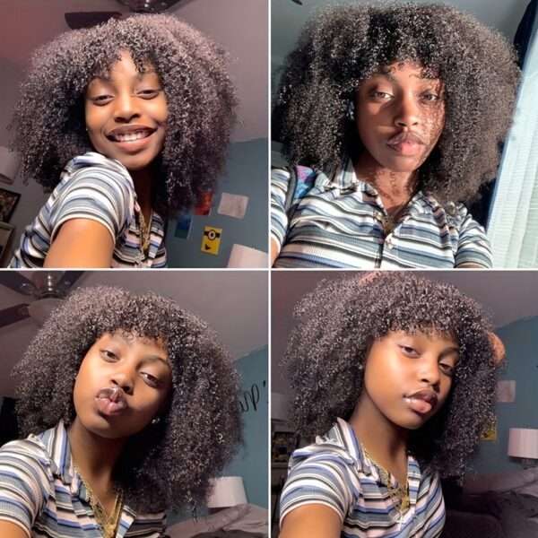 Human Hair Afro Kinky Curly Wig with Bangs - 200 Density Brazilian Virgin Coily Wig for Women, Glueless Machine Scalp Top Wig, Rose Net Cap, Natural Look for Everyday & Special Occasions, Versatile Hairpiece, Sleek Hairline, Secure Fit Wig