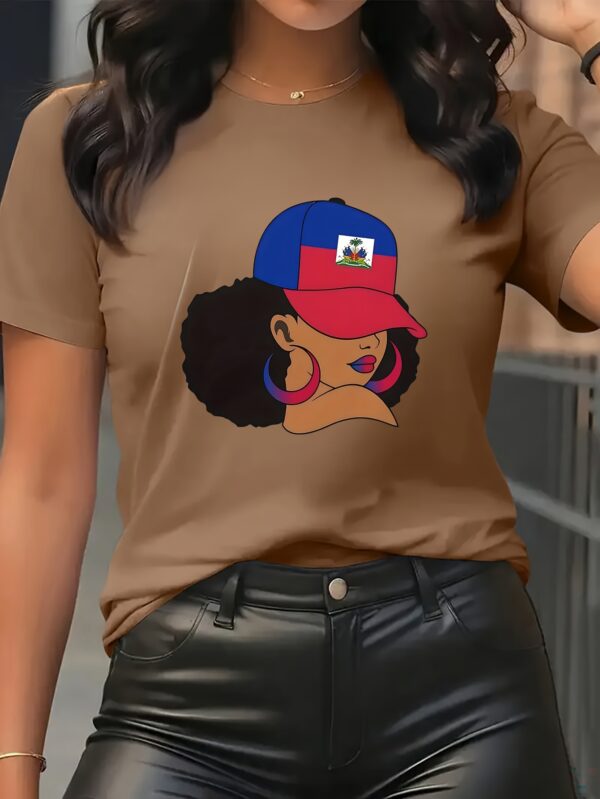 1pc Women'S Haitian Culture Graphic T-Shirt - Vibrant Patriotic Design with Haitian Flag & Female Silhouette, Green Casual Tee for Cultural Pride, Festivals, or Everyday Fashion, Perfect Gift for Women, Festival Attire, Bold Statement Piece, Comfortable F