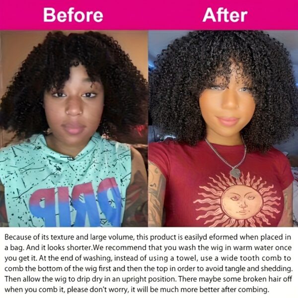 Human Hair Afro Kinky Curly Wig with Bangs - 200 Density Brazilian Virgin Coily Wig for Women, Glueless Machine Scalp Top Wig, Rose Net Cap, Natural Look for Everyday & Special Occasions, Versatile Hairpiece, Sleek Hairline, Secure Fit Wig