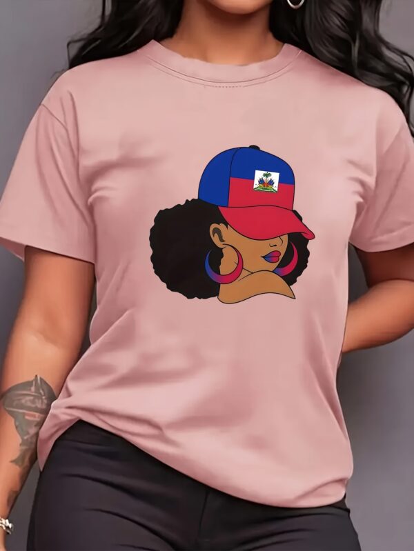 1pc Women'S Haitian Culture Graphic T-Shirt - Vibrant Patriotic Design with Haitian Flag & Female Silhouette, Green Casual Tee for Cultural Pride, Festivals, or Everyday Fashion, Perfect Gift for Women, Festival Attire, Bold Statement Piece, Comfortable F
