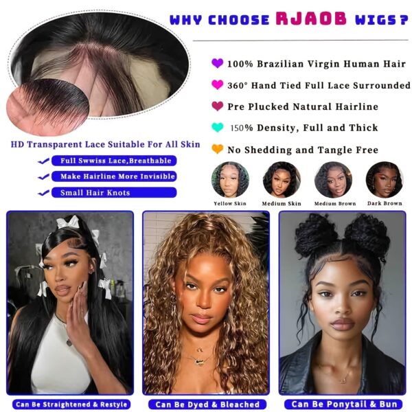 Glueless 360 Lace Front Wig Human Hair - Deep Wave 150% Density Pre-Plucked with Invisi Strap & Drawstring Closure, HD Full Lace Frontal Wig for Women, Natural Look & Comfortable Wear (No Glue Needed)