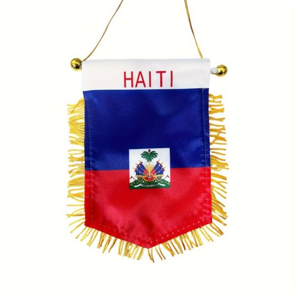 Haiti National Flag - Double-Sided, Fringed Hanging Banner with Suction Cup for Car Rearview Mirror & Window Decor, Durable Polyester, 14.99x9.91 cm