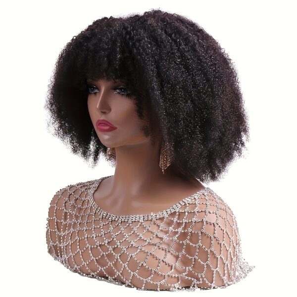 Human Hair Afro Kinky Curly Wig with Bangs - 200 Density Brazilian Virgin Coily Wig for Women, Glueless Machine Scalp Top Wig, Rose Net Cap, Natural Look for Everyday & Special Occasions, Versatile Hairpiece, Sleek Hairline, Secure Fit Wig